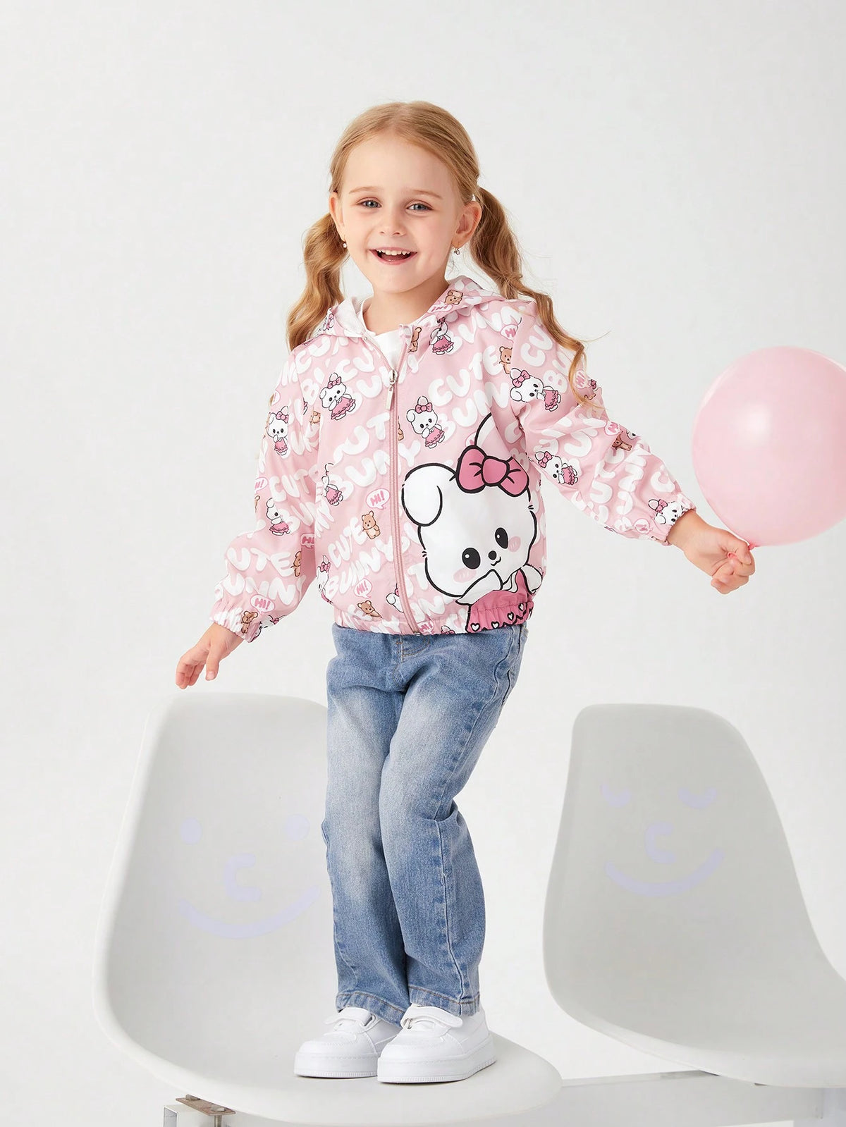 Elladie kids Young Girls' Cute Cartoon Printed Pink Hooded Casual Jacket, Suitable For School, Travel, Home, Spring And Autumn Seasons, Kawaii Jacket, Girls Jacket, Cute Jacket For Girls, Bunny Jacket