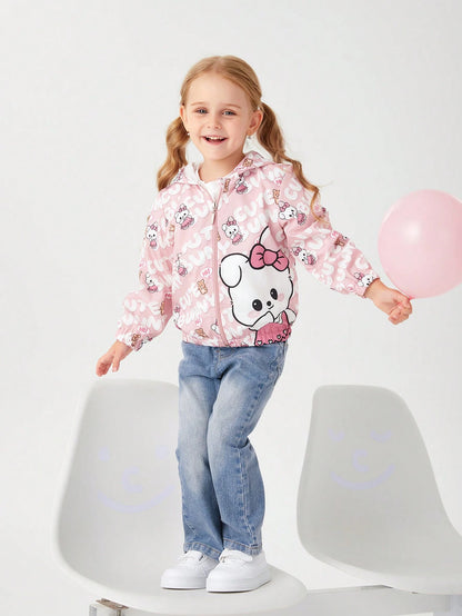 Elladie kids Young Girls' Cute Cartoon Printed Pink Hooded Casual Jacket, Suitable For School, Travel, Home, Spring And Autumn Seasons, Kawaii Jacket, Girls Jacket, Cute Jacket For Girls, Bunny Jacket