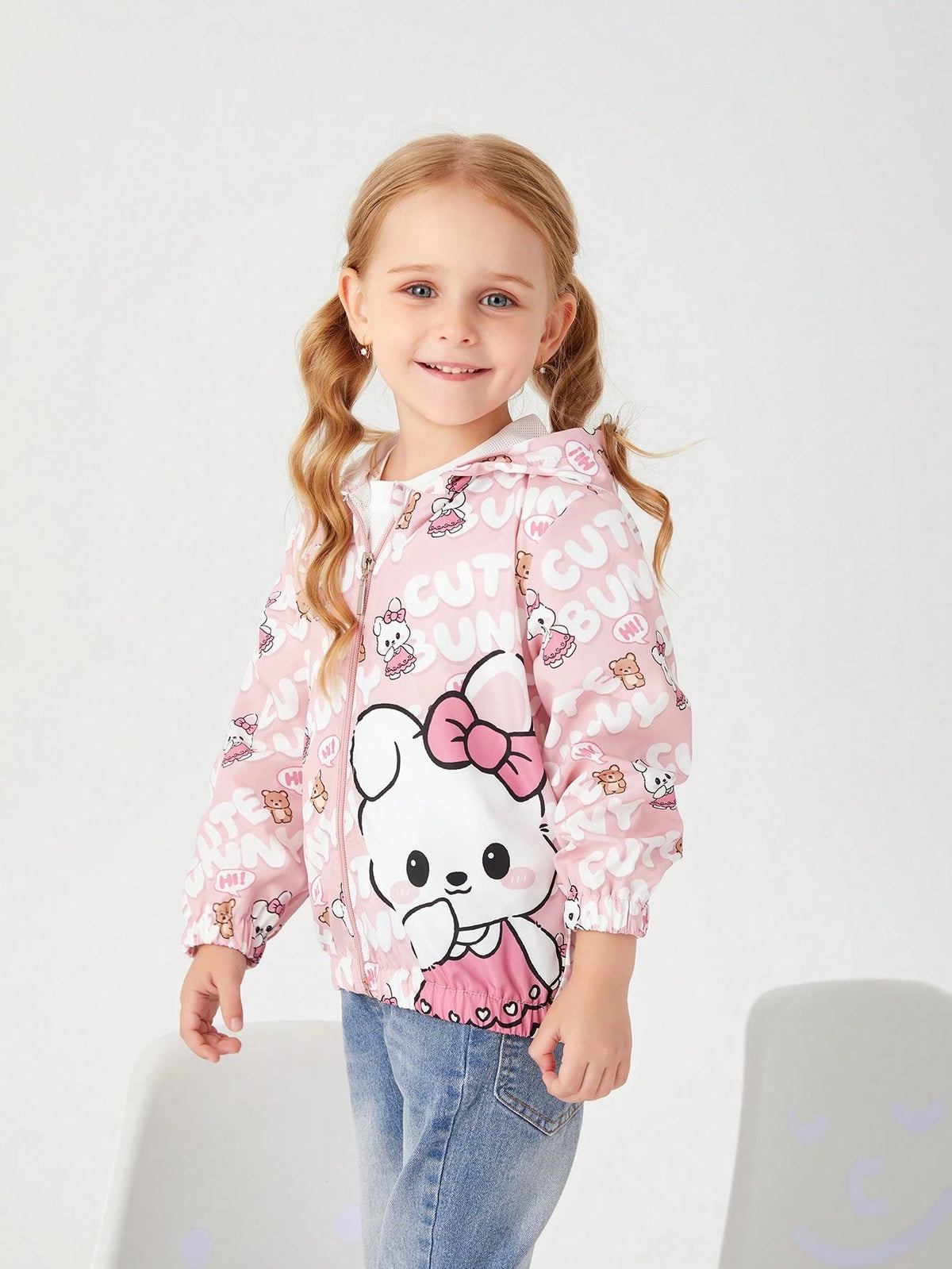 Elladie kids Young Girls' Cute Cartoon Printed Pink Hooded Casual Jacket, Suitable For School, Travel, Home, Spring And Autumn Seasons, Kawaii Jacket, Girls Jacket, Cute Jacket For Girls, Bunny Jacket