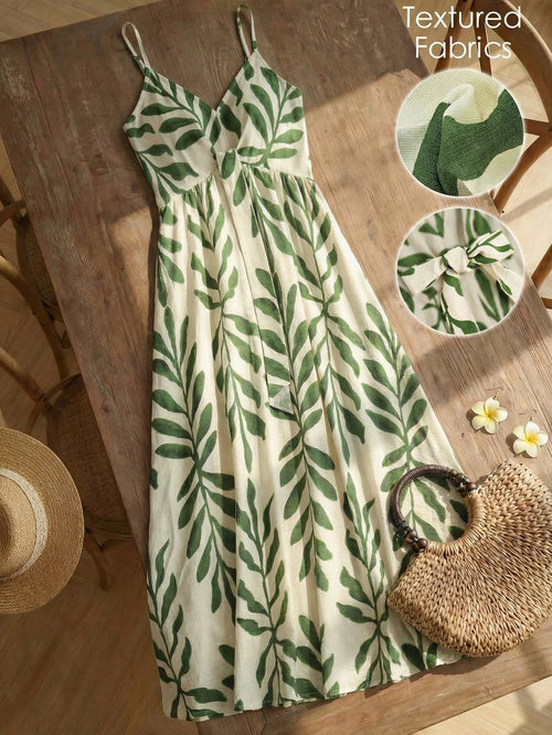 Elouméa Women's Green Leaf Print Tie-Strap A-Line Dress, Suitable For Vacation And Outdoor Activities, Spring/Summer Vacation Beach Tropical