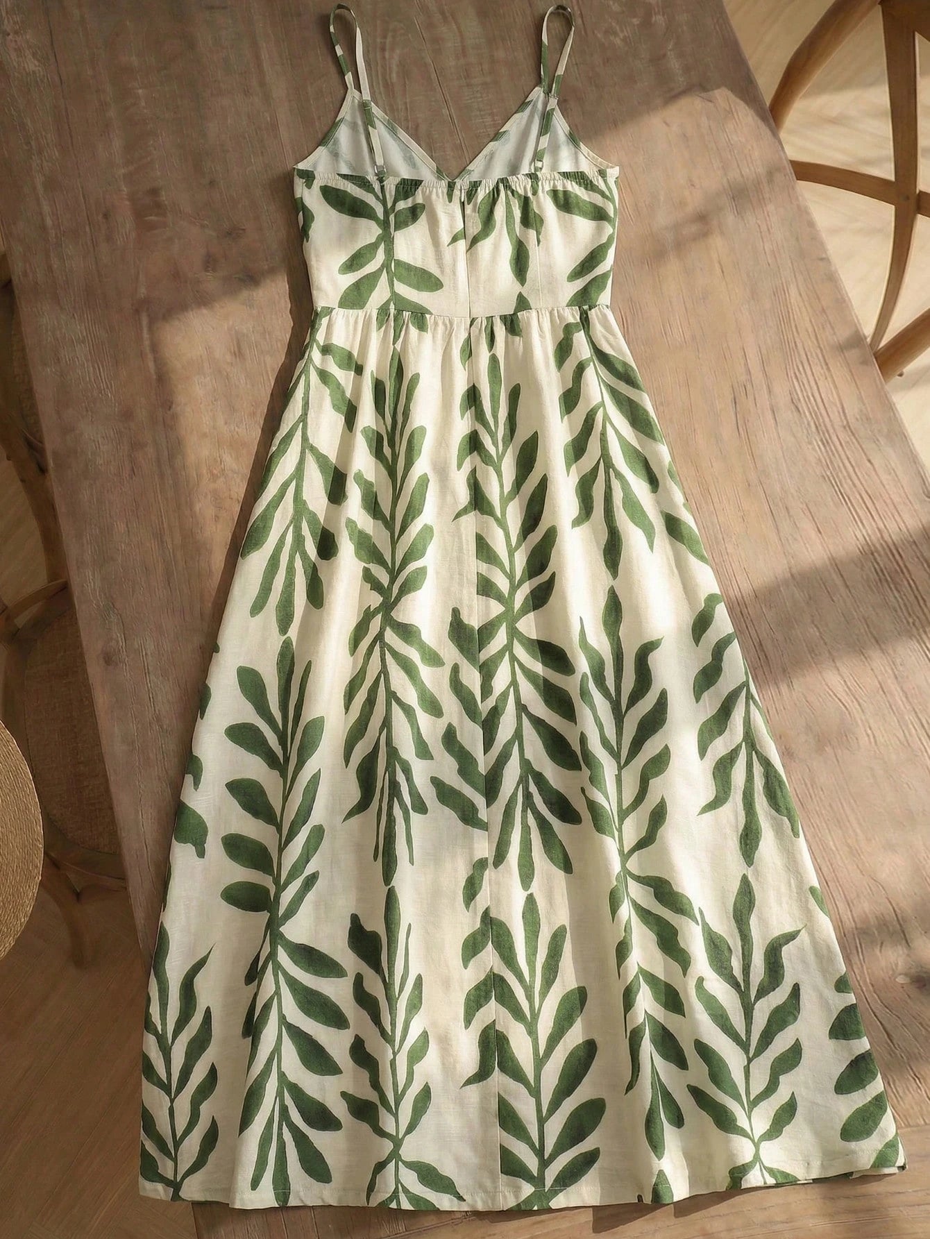Elouméa Women's Green Leaf Print Tie-Strap A-Line Dress, Suitable For Vacation And Outdoor Activities, Spring/Summer Vacation Beach Tropical