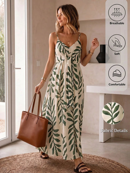 Elouméa Women's Green Leaf Print Tie-Strap A-Line Dress, Suitable For Vacation And Outdoor Activities, Spring/Summer Vacation Beach Tropical
