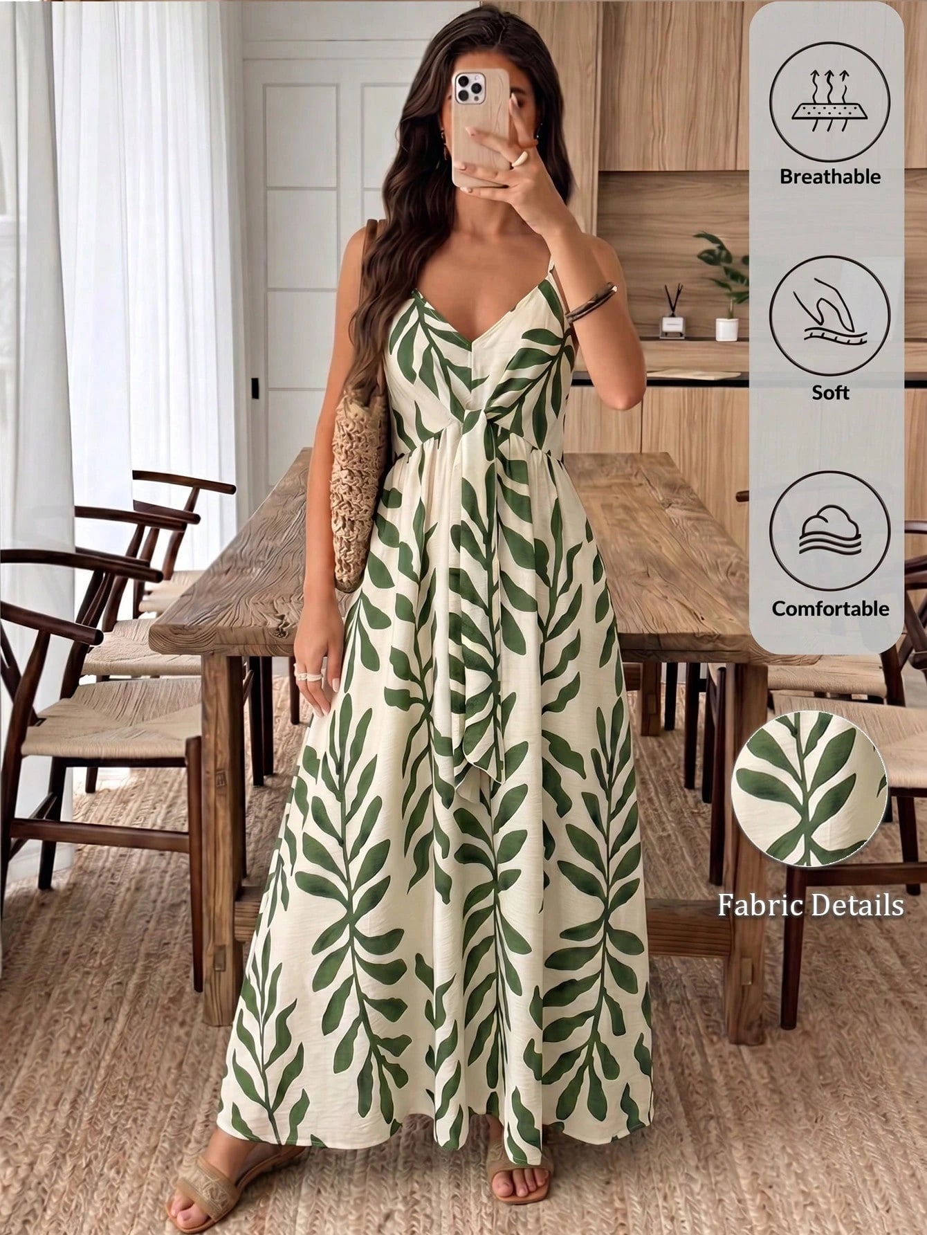 Elouméa Women's Green Leaf Print Tie-Strap A-Line Dress, Suitable For Vacation And Outdoor Activities, Spring/Summer Vacation Beach Tropical