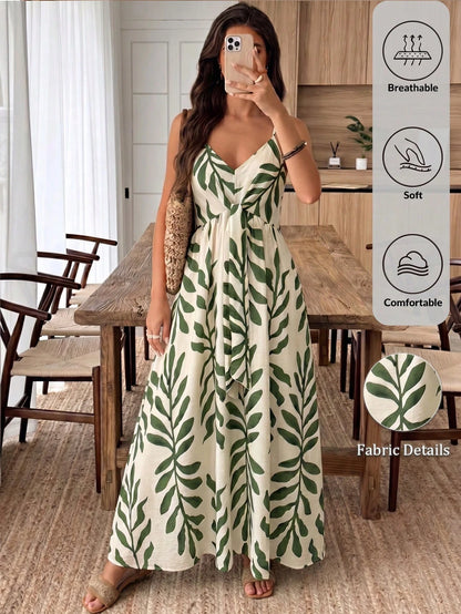 Elouméa Women's Green Leaf Print Tie-Strap A-Line Dress, Suitable For Vacation And Outdoor Activities, Spring/Summer Vacation Beach Tropical