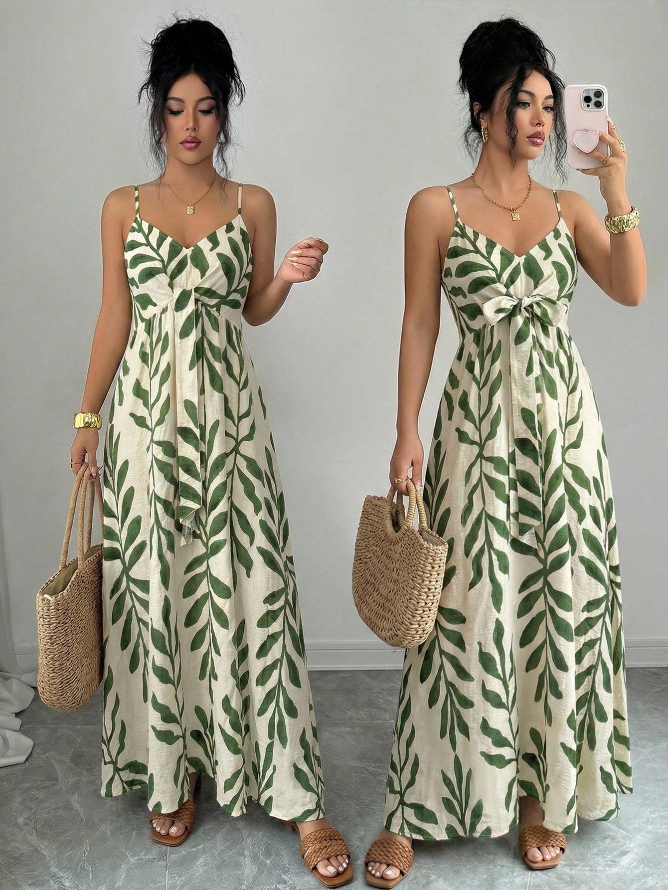Elouméa Women's Green Leaf Print Tie-Strap A-Line Dress, Suitable For Vacation And Outdoor Activities, Spring/Summer Vacation Beach Tropical