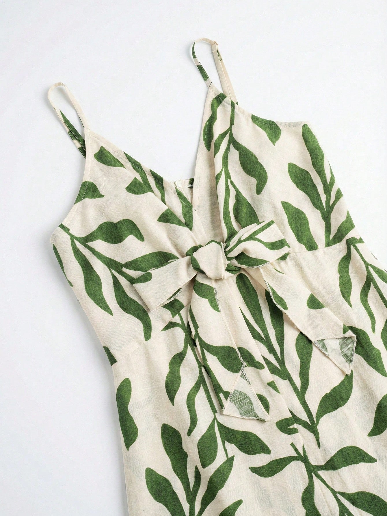 Elouméa Women's Green Leaf Print Tie-Strap A-Line Dress, Suitable For Vacation And Outdoor Activities, Spring/Summer Vacation Beach Tropical