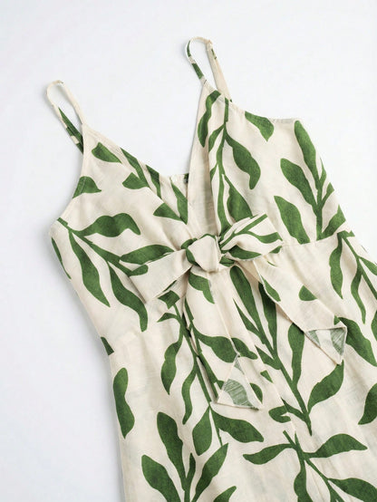 Elouméa Women's Green Leaf Print Tie-Strap A-Line Dress, Suitable For Vacation And Outdoor Activities, Spring/Summer Vacation Beach Tropical