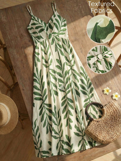 Elouméa Women's Green Leaf Print Tie-Strap A-Line Dress, Suitable For Vacation And Outdoor Activities, Spring/Summer Vacation Beach Tropical