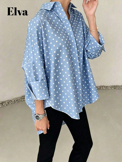 ELVA Women's Spring/Autumn Blue With White Polka Dot Print Front Short Back Long Collar Long Sleeve Rolled Hem Loose Curved Hem Blouse, And Vacation