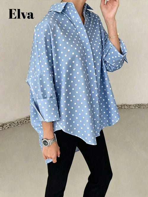 ELVA Women's Spring/Autumn Blue With White Polka Dot Print Front Short Back Long Collar Long Sleeve Rolled Hem Loose Curved Hem Blouse, And Vacation