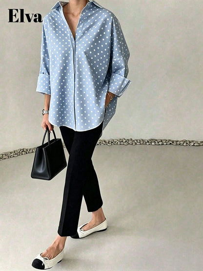ELVA Women's Spring/Autumn Blue With White Polka Dot Print Front Short Back Long Collar Long Sleeve Rolled Hem Loose Curved Hem Blouse, And Vacation