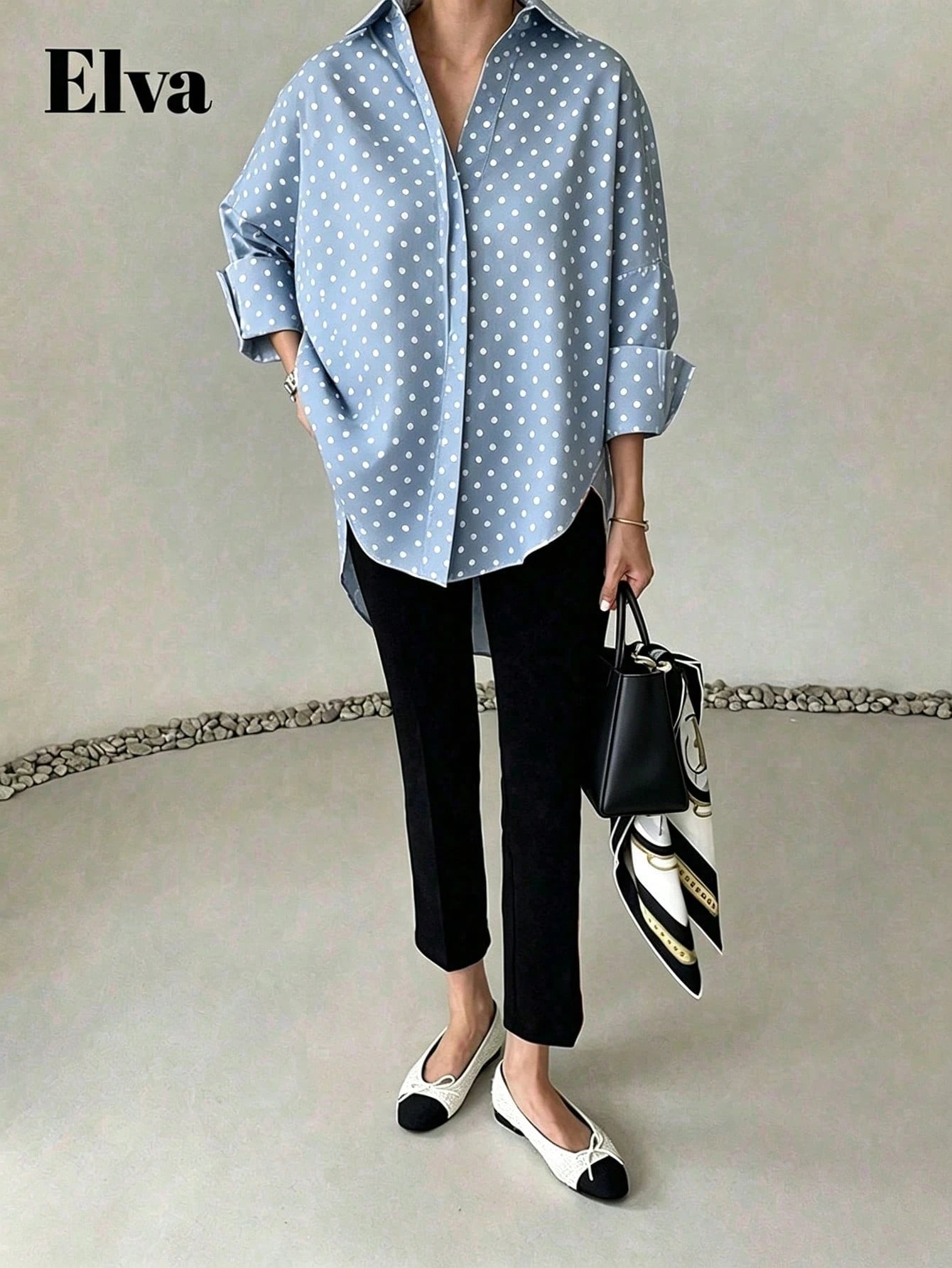 ELVA Women's Spring/Autumn Blue With White Polka Dot Print Front Short Back Long Collar Long Sleeve Rolled Hem Loose Curved Hem Blouse, And Vacation