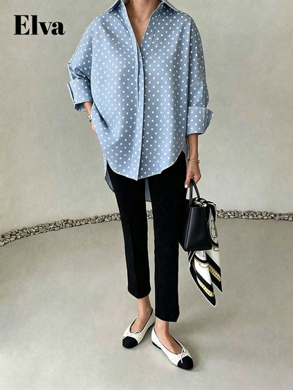 ELVA Women's Spring/Autumn Blue With White Polka Dot Print Front Short Back Long Collar Long Sleeve Rolled Hem Loose Curved Hem Blouse, And Vacation