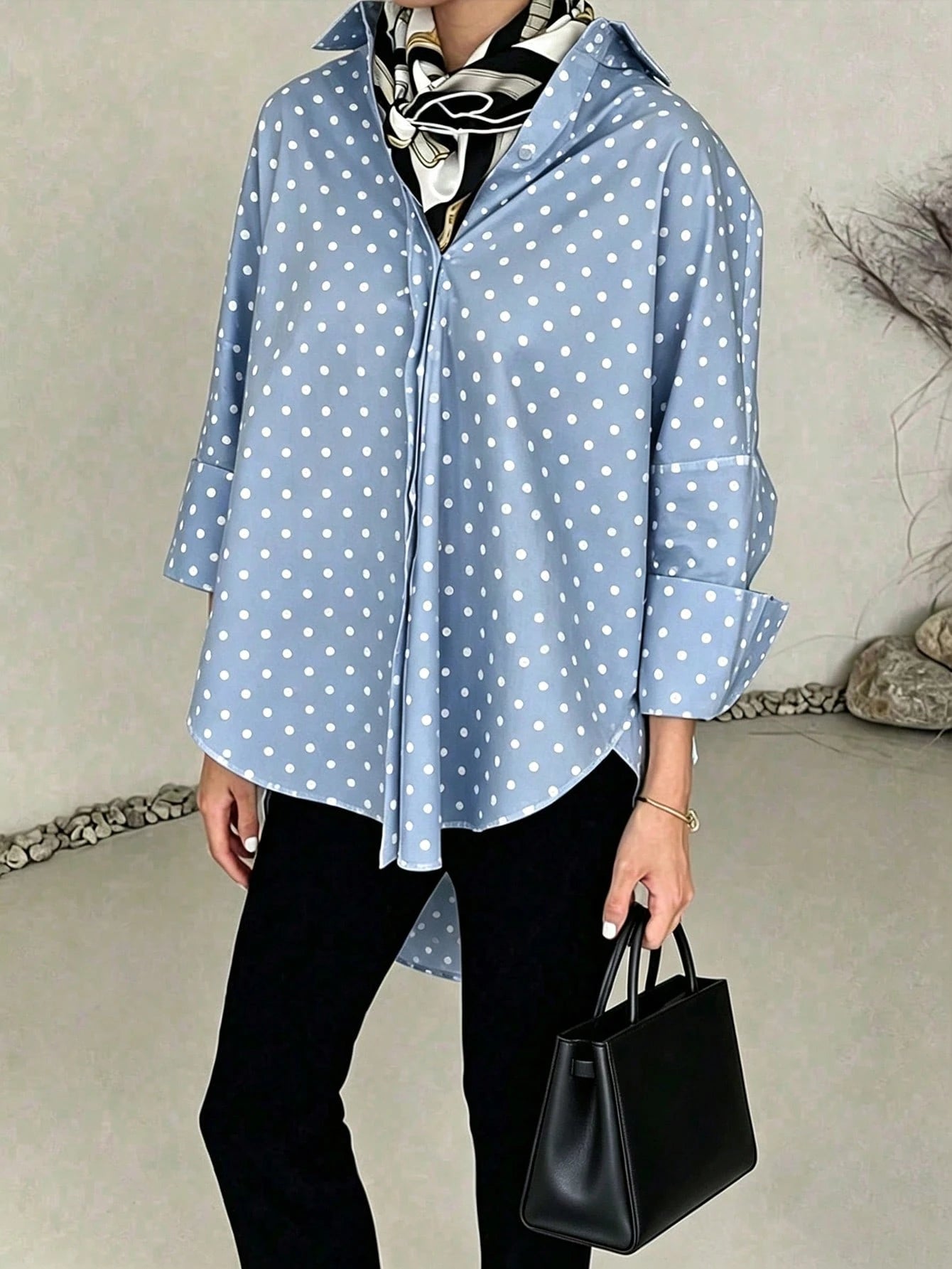 ELVA Women's Spring/Autumn Blue With White Polka Dot Print Front Short Back Long Collar Long Sleeve Rolled Hem Loose Curved Hem Blouse, And Vacation