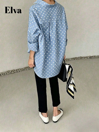 ELVA Women's Spring/Autumn Blue With White Polka Dot Print Front Short Back Long Collar Long Sleeve Rolled Hem Loose Curved Hem Blouse, And Vacation
