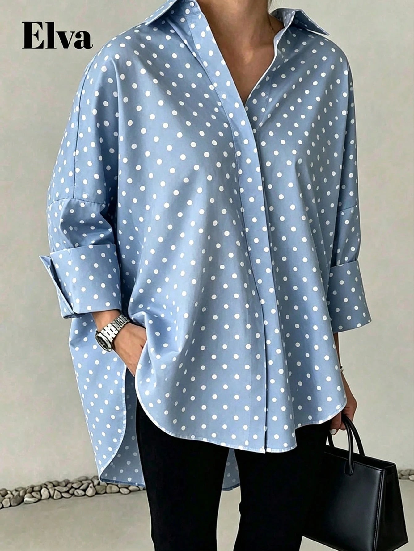 ELVA Women's Spring/Autumn Blue With White Polka Dot Print Front Short Back Long Collar Long Sleeve Rolled Hem Loose Curved Hem Blouse, And Vacation