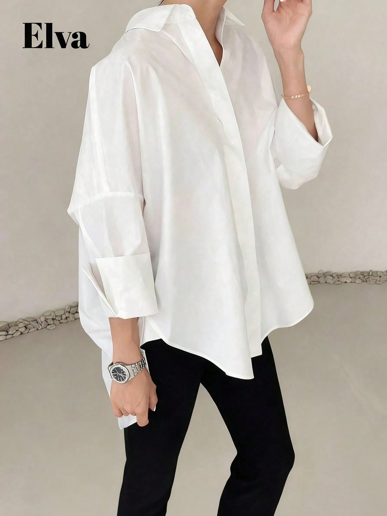 ELVA Women's Spring/Autumn Blue With White Polka Dot Print Front Short Back Long Collar Long Sleeve Rolled Hem Loose Curved Hem Blouse, And Vacation