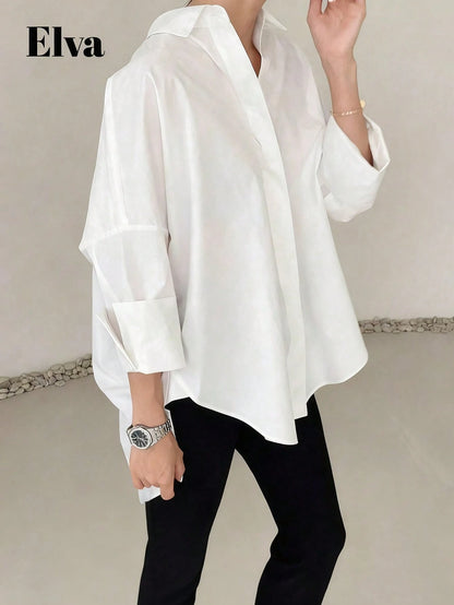 ELVA Women's Spring/Autumn Blue With White Polka Dot Print Front Short Back Long Collar Long Sleeve Rolled Hem Loose Curved Hem Blouse, And Vacation