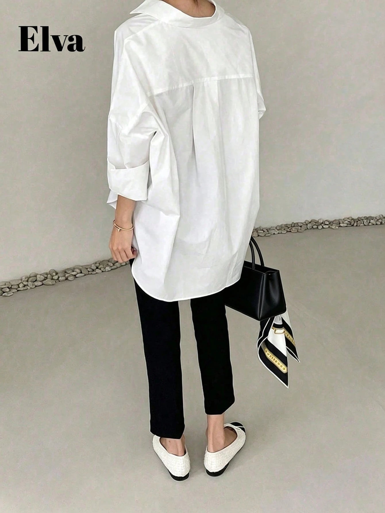 ELVA Women's Spring/Autumn Blue With White Polka Dot Print Front Short Back Long Collar Long Sleeve Rolled Hem Loose Curved Hem Blouse, And Vacation