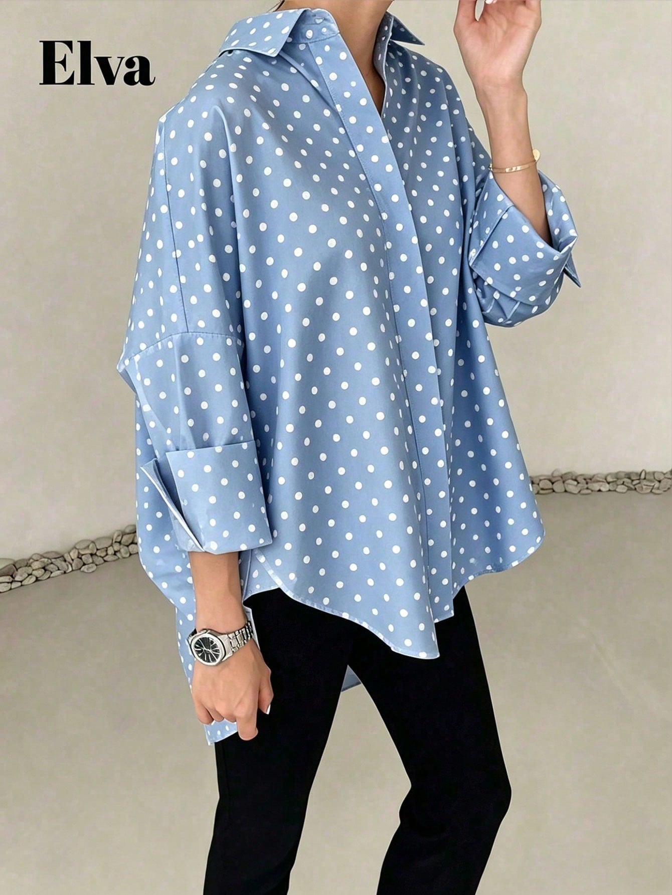 ELVA Women's Spring/Autumn Blue With White Polka Dot Print Front Short Back Long Collar Long Sleeve Rolled Hem Loose Curved Hem Blouse, And Vacation