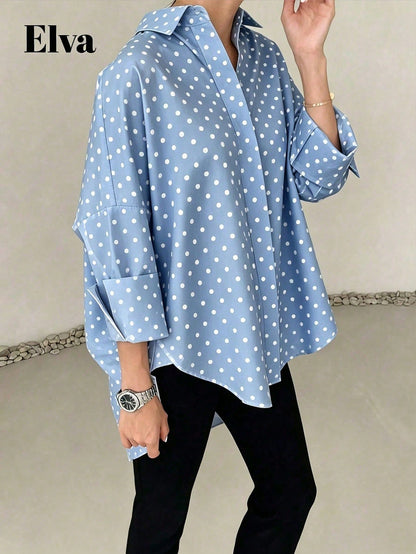 ELVA Women's Spring/Autumn Blue With White Polka Dot Print Front Short Back Long Collar Long Sleeve Rolled Hem Loose Curved Hem Blouse, And Vacation