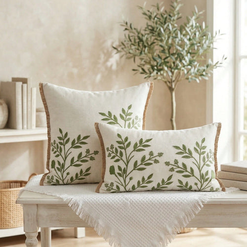 Embroidered Leaf Throw Pillow Cover- Boho Tassel Decor For Living Room, Single-Sided Cushion Cover For Spring/Summer, Size 18" X 18" And 12" X 20"