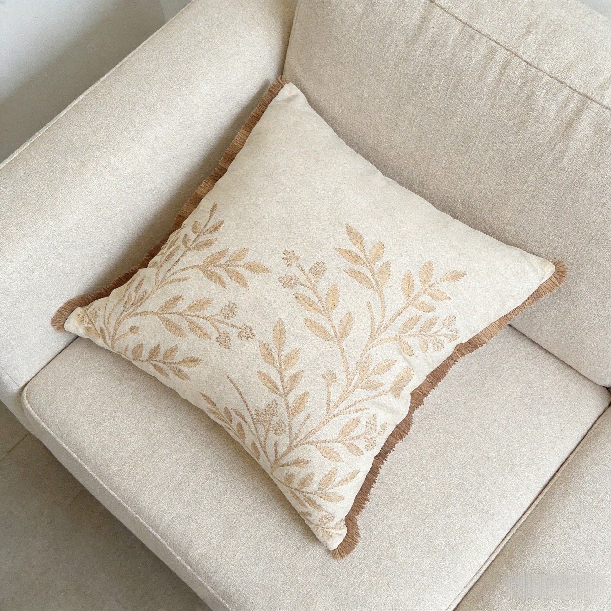 Embroidered Leaf Throw Pillow Cover- Boho Tassel Decor For Living Room, Single-Sided Cushion Cover For Spring/Summer, Size 18" X 18" And 12" X 20"
