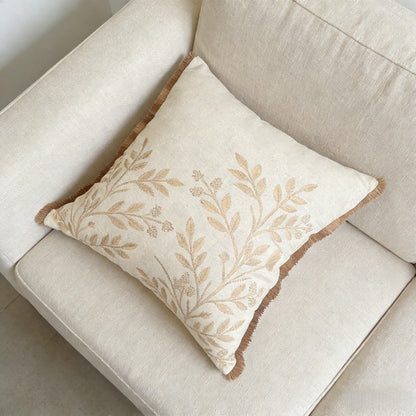 Embroidered Leaf Throw Pillow Cover- Boho Tassel Decor For Living Room, Single-Sided Cushion Cover For Spring/Summer, Size 18" X 18" And 12" X 20"