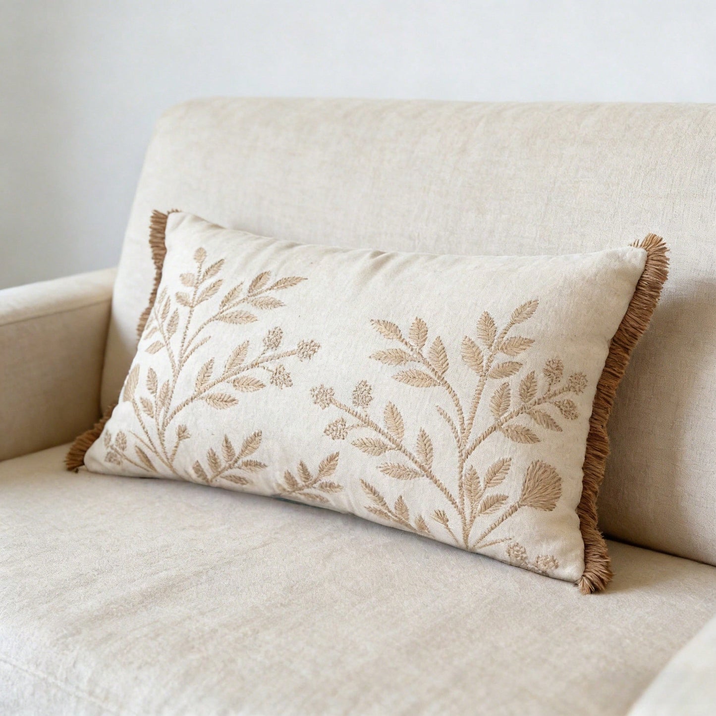 Embroidered Leaf Throw Pillow Cover- Boho Tassel Decor For Living Room, Single-Sided Cushion Cover For Spring/Summer, Size 18" X 18" And 12" X 20"