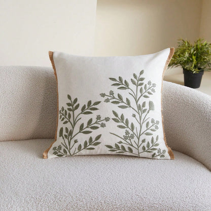 Embroidered Leaf Throw Pillow Cover- Boho Tassel Decor For Living Room, Single-Sided Cushion Cover For Spring/Summer, Size 18" X 18" And 12" X 20"