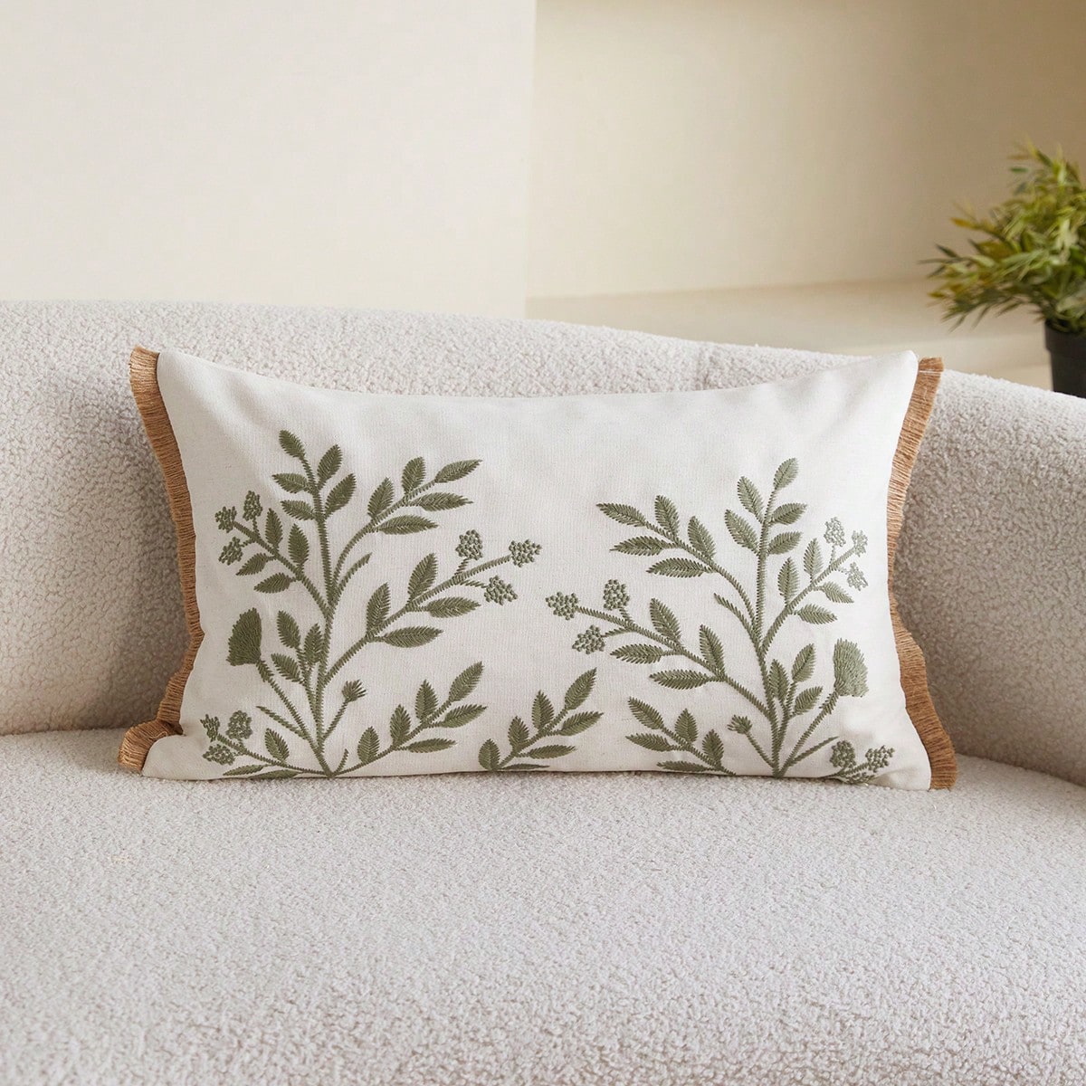 Embroidered Leaf Throw Pillow Cover- Boho Tassel Decor For Living Room, Single-Sided Cushion Cover For Spring/Summer, Size 18" X 18" And 12" X 20"