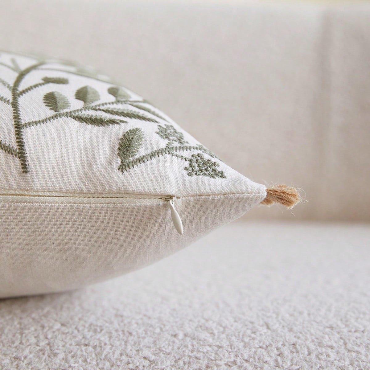 Embroidered Leaf Throw Pillow Cover- Boho Tassel Decor For Living Room, Single-Sided Cushion Cover For Spring/Summer, Size 18" X 18" And 12" X 20"