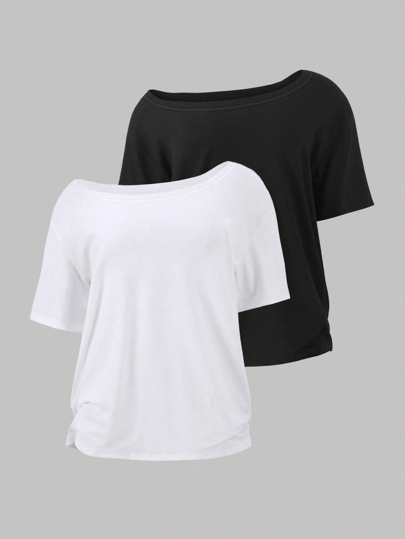 EMERY ROSE 2pcs/Set Oblique Shoulder Loose T-Shirt,Asymmetric Shoulder Off-Shoulder T-Shirt, Plus Size Women's Top