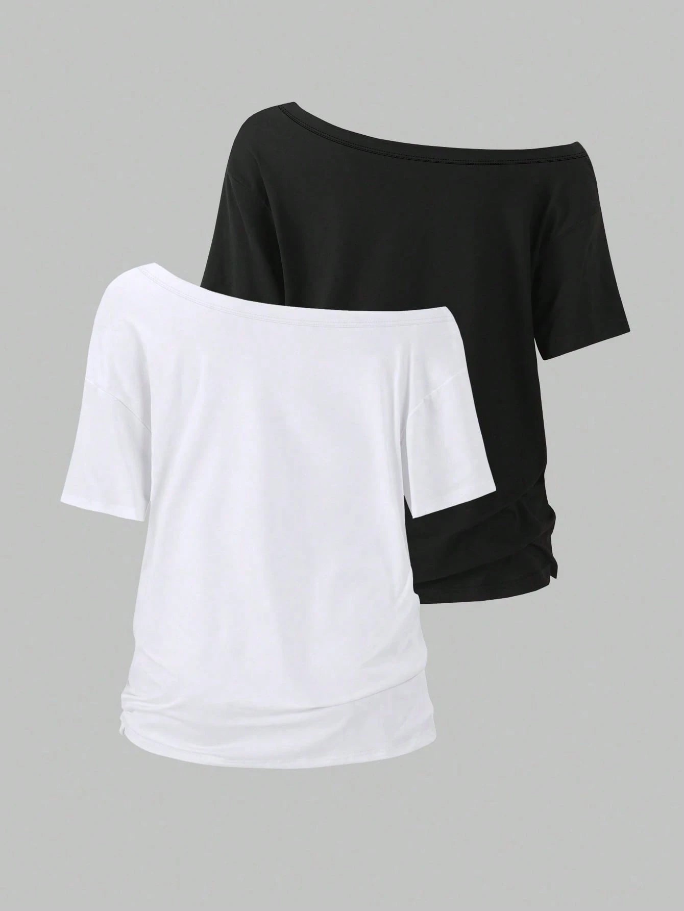 EMERY ROSE 2pcs/Set Oblique Shoulder Loose T-Shirt,Asymmetric Shoulder Off-Shoulder T-Shirt, Plus Size Women's Top