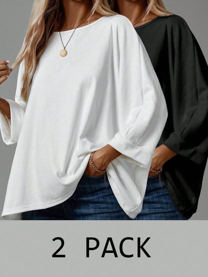 EMERY ROSE 2pcs/Set Women's Casual Minimalist Basic T-Shirt, Suitable For Autumn/Winter Over Sized Tshirts Shirt Pack Tops,Fall,Everyday White Black