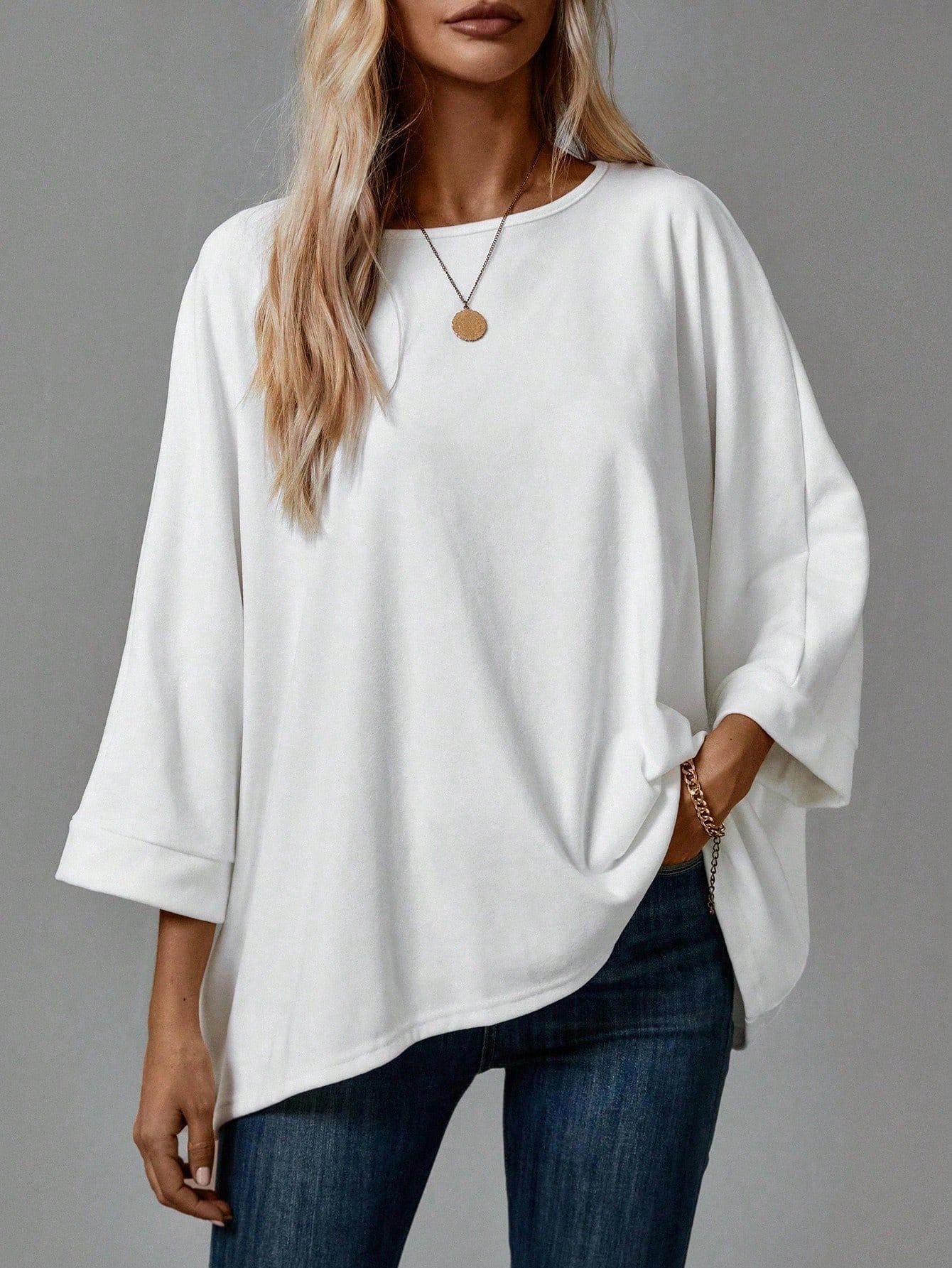 EMERY ROSE 2pcs/Set Women's Casual Minimalist Basic T-Shirt, Suitable For Autumn/Winter Over Sized Tshirts Shirt Pack Tops,Fall,Everyday White Black