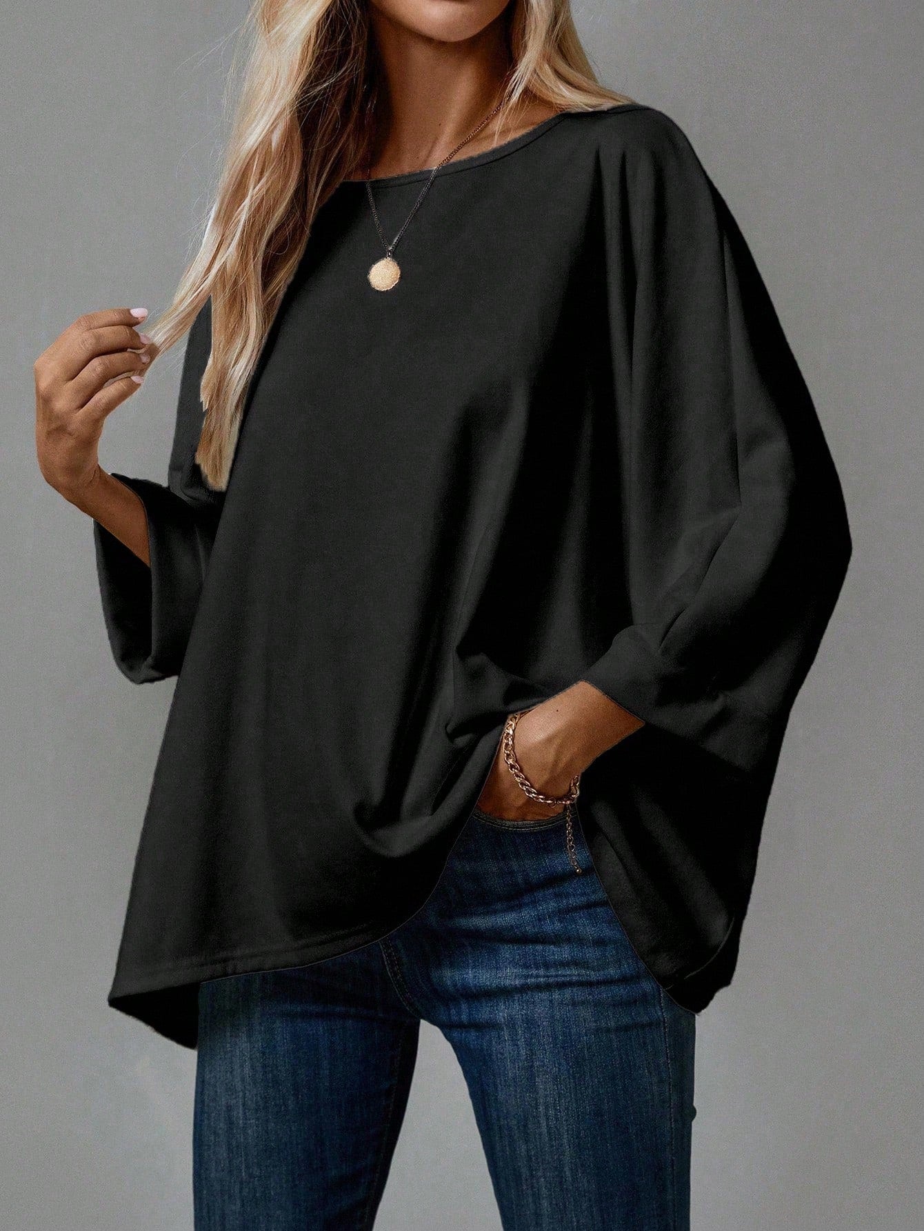 EMERY ROSE 2pcs/Set Women's Casual Minimalist Basic T-Shirt, Suitable For Autumn/Winter Over Sized Tshirts Shirt Pack Tops,Fall,Everyday White Black