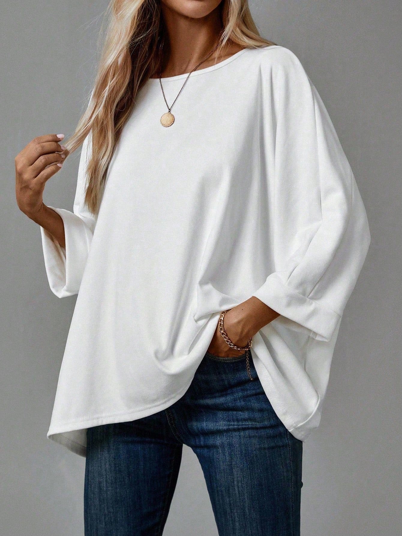 EMERY ROSE 2pcs/Set Women's Casual Minimalist Basic T-Shirt, Suitable For Autumn/Winter Over Sized Tshirts Shirt Pack Tops,Fall,Everyday White Black