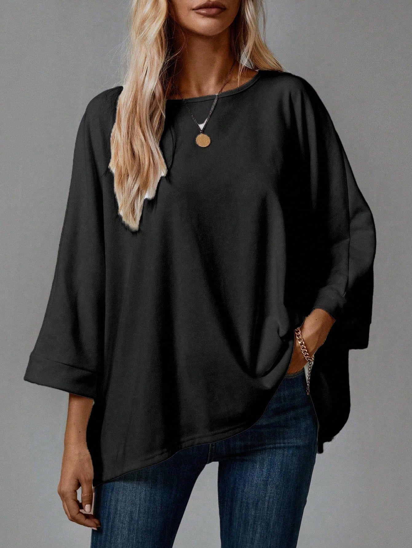 EMERY ROSE 2pcs/Set Women's Casual Minimalist Basic T-Shirt, Suitable For Autumn/Winter Over Sized Tshirts Shirt Pack Tops,Fall,Everyday White Black