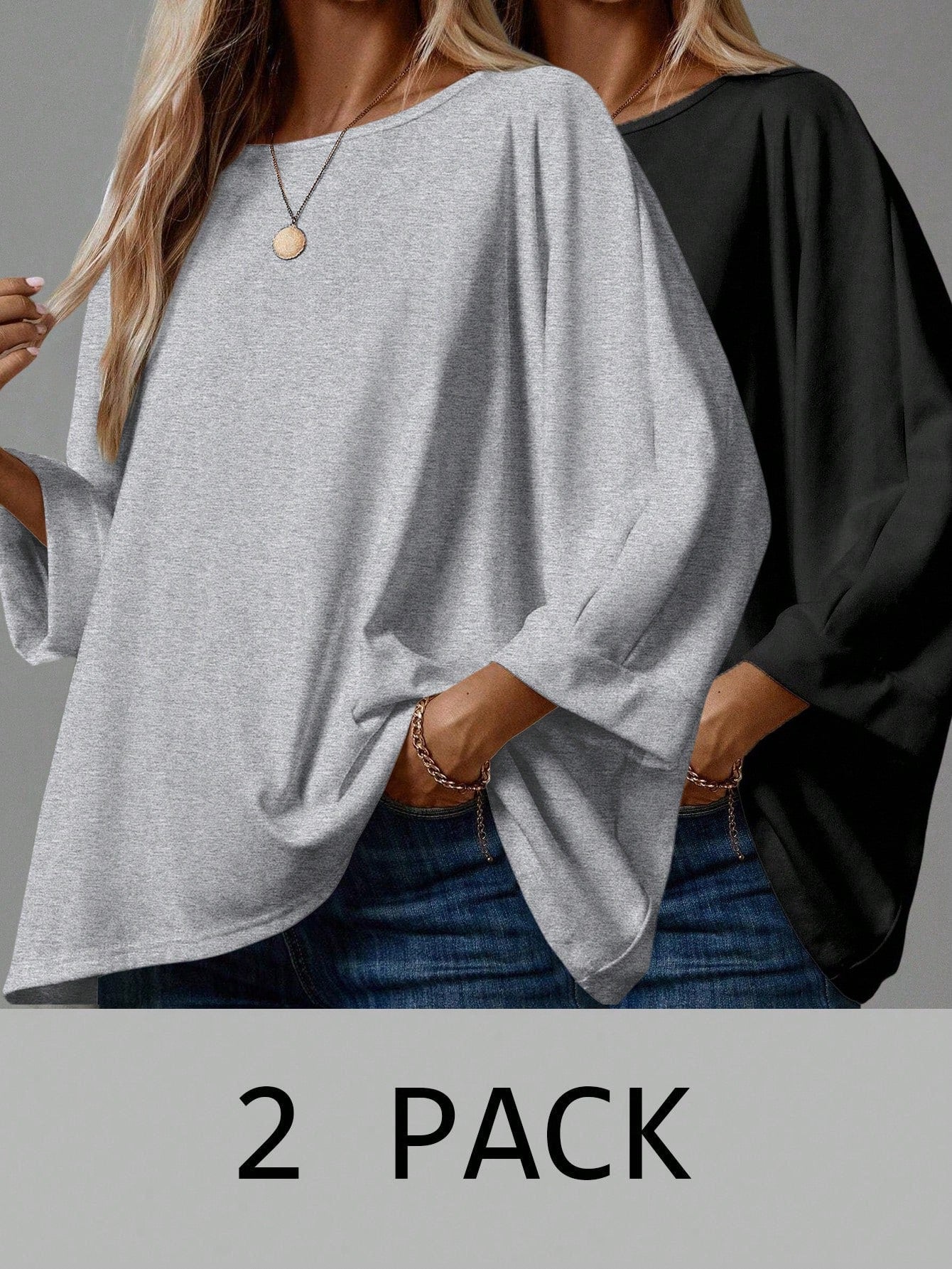 EMERY ROSE 2pcs/Set Women's Casual Minimalist Basic T-Shirt, Suitable For Autumn/Winter Over Sized Tshirts Shirt Pack Tops,Fall,Everyday White Black