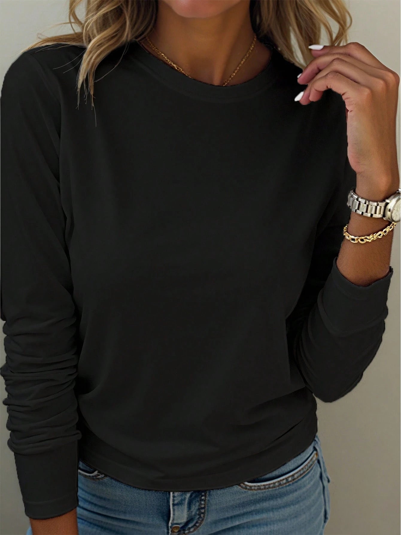 EMERY ROSE A Large-Sized White Round-Neck Long-Sleeved T-Shirt, Comfortable And Versatile Fall Cloth For Women