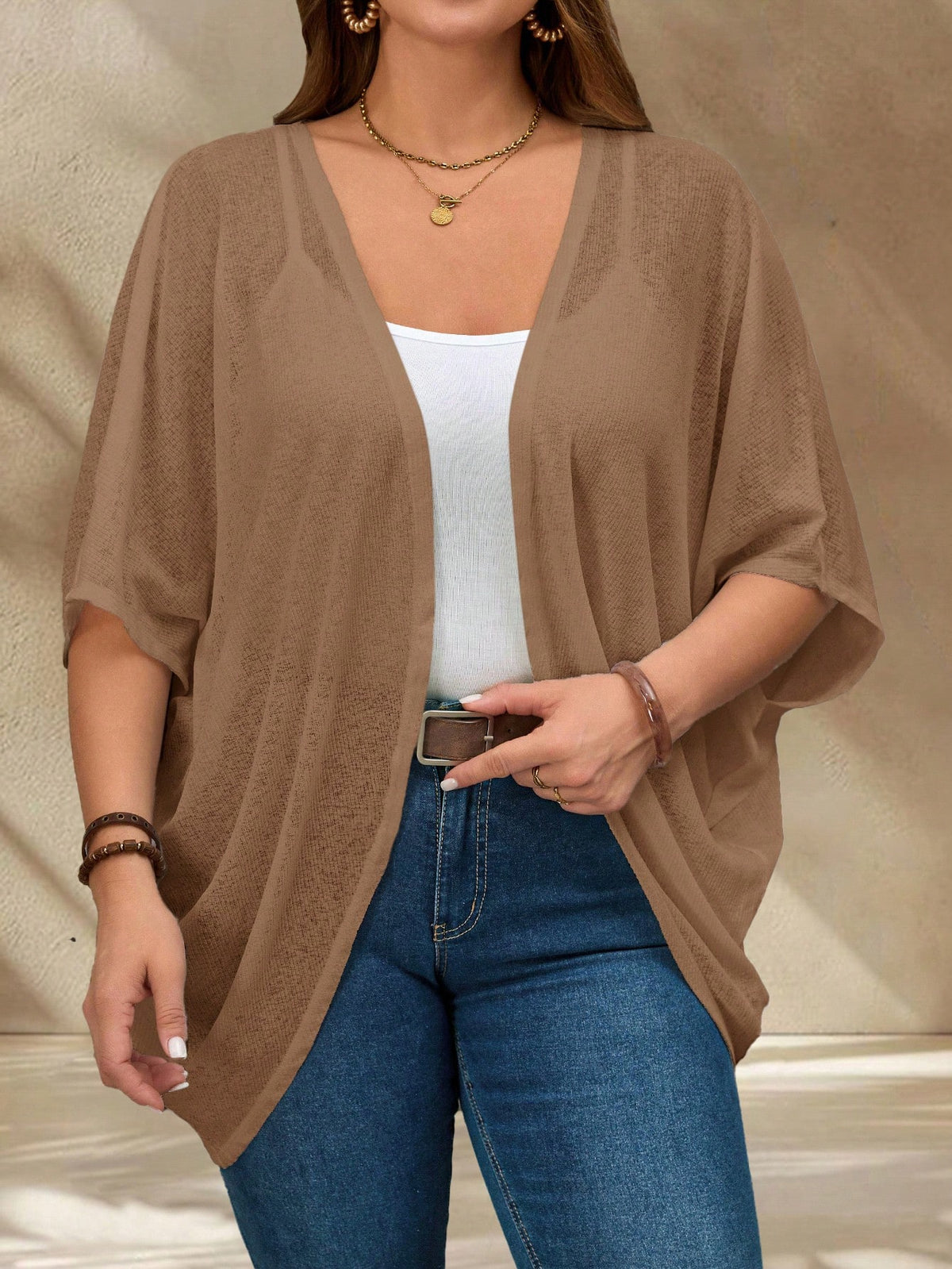 EMERY ROSE Asymmetrical Khaki Knitted Plus Size Coat With Long Batwing Sleeves For Everyday Wear Winter Fall Autumn