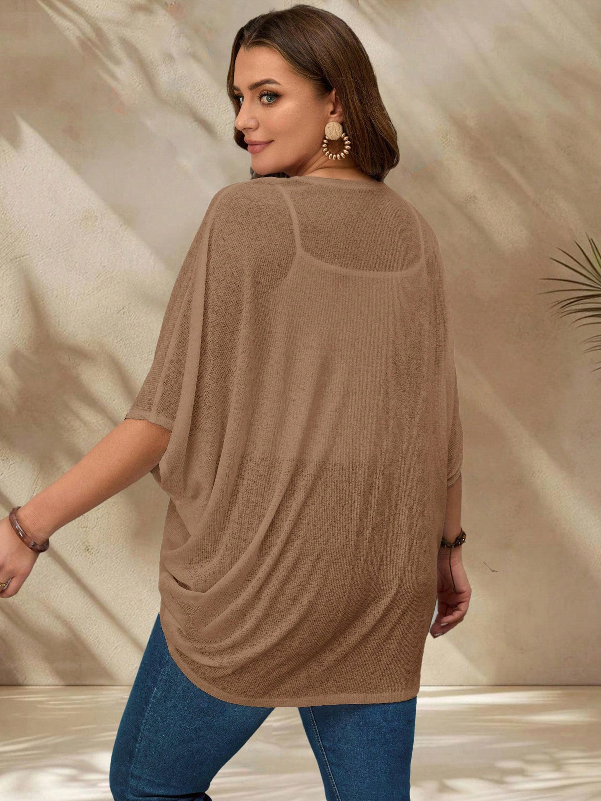 EMERY ROSE Asymmetrical Khaki Knitted Plus Size Coat With Long Batwing Sleeves For Everyday Wear Winter Fall Autumn