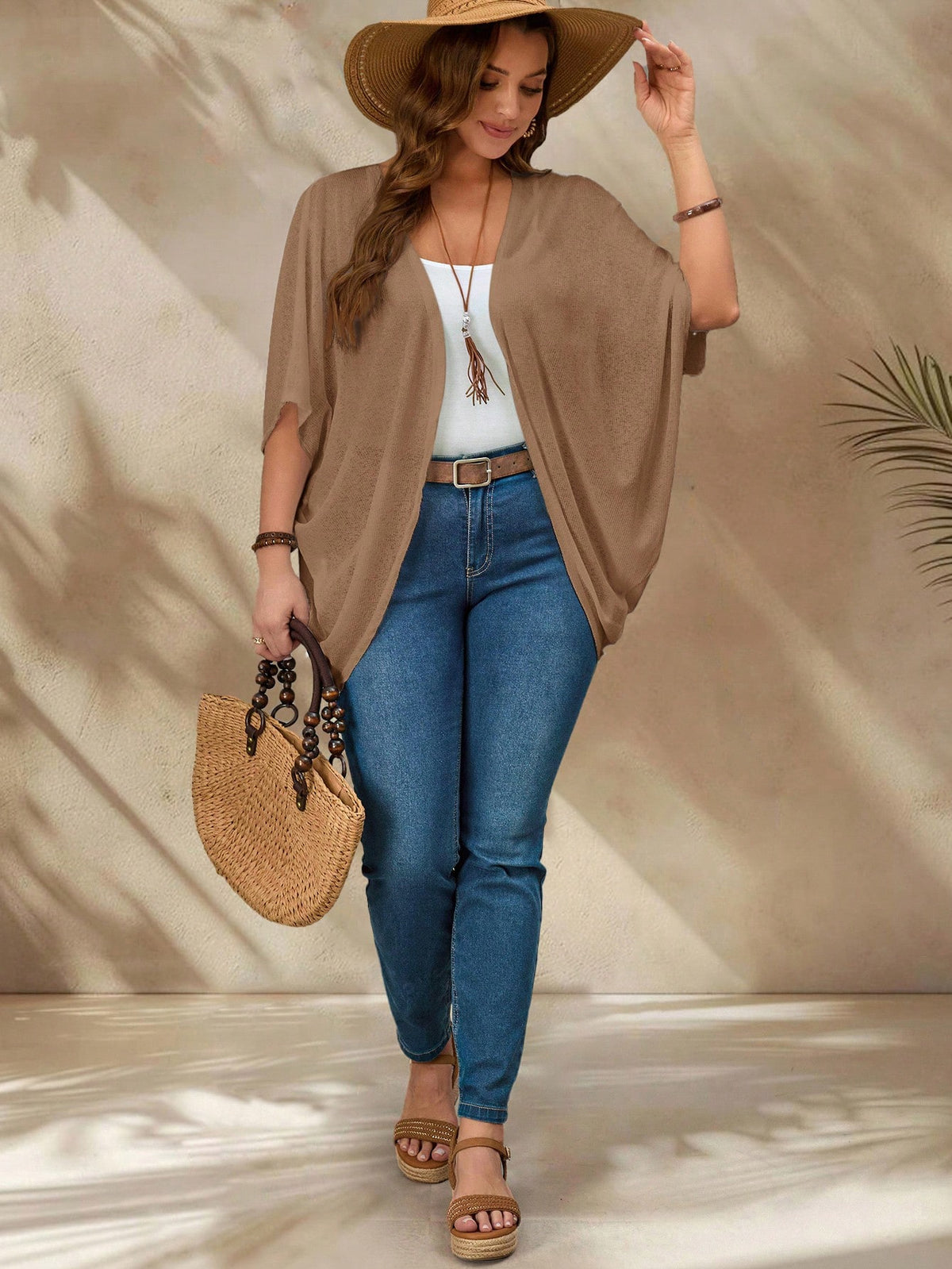 EMERY ROSE Asymmetrical Khaki Knitted Plus Size Coat With Long Batwing Sleeves For Everyday Wear Winter Fall Autumn