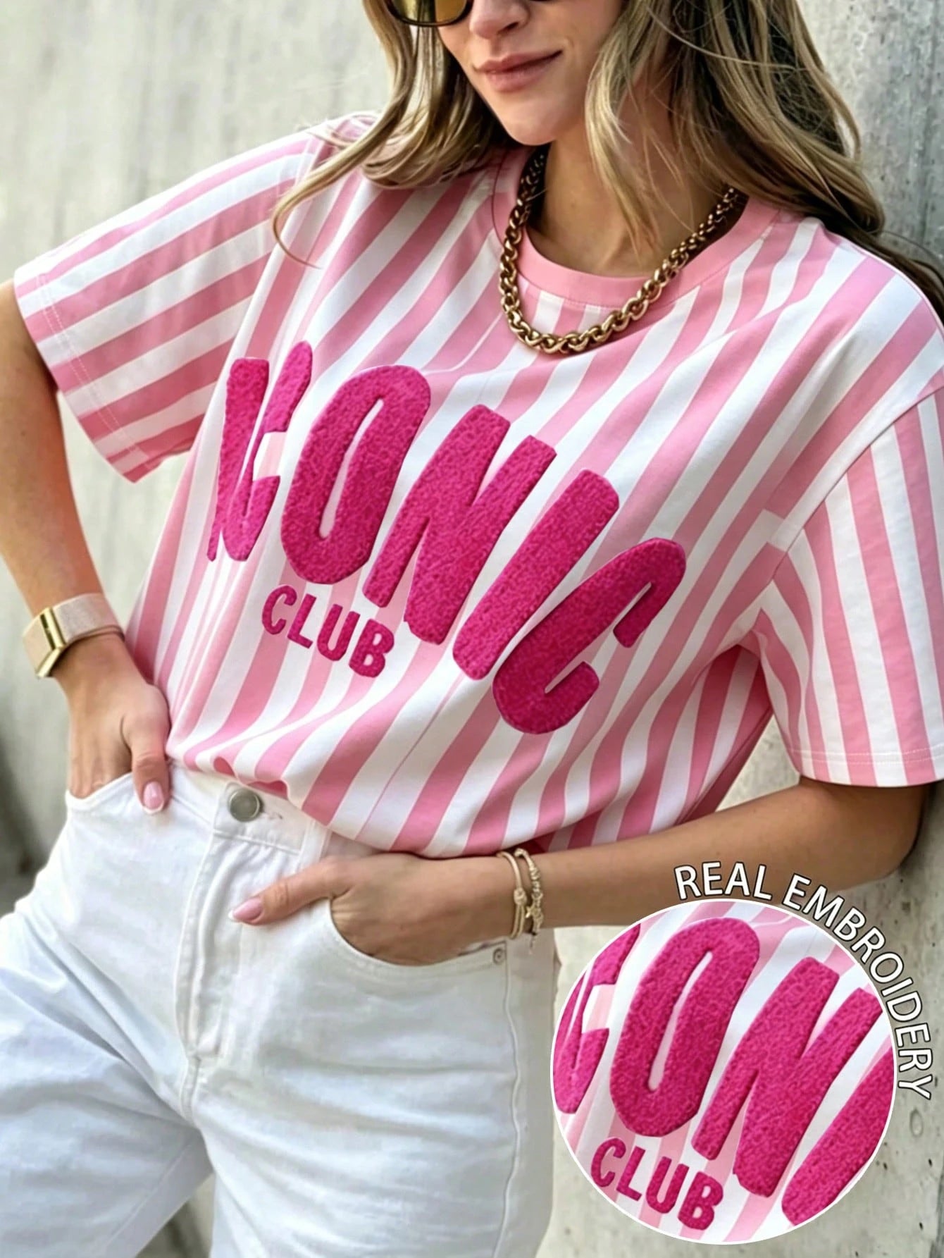 EMERY ROSE Cute Striped Casual Short Sleeve Summer Women's T-Shirt With Letters