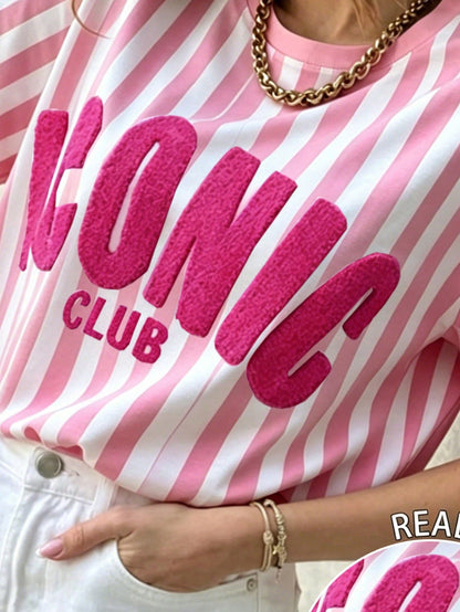 EMERY ROSE Cute Striped Casual Short Sleeve Summer Women's T-Shirt With Letters