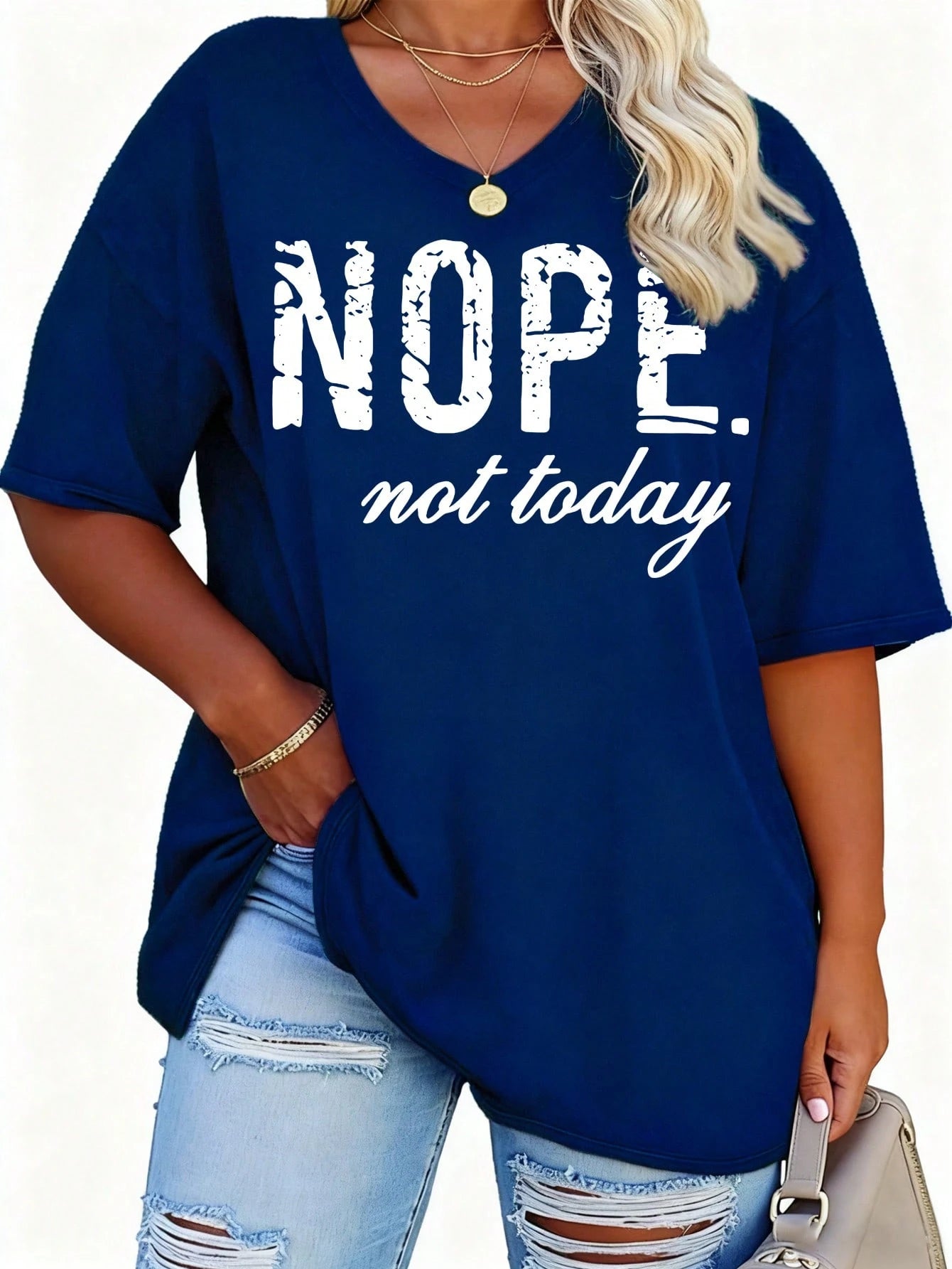 EMERY ROSE Large V-Neck Short Sleeved T-Shirt With Slogan Print, Suitable For Spring And Summer, Women's Clothing Graphic Tees Women Tops