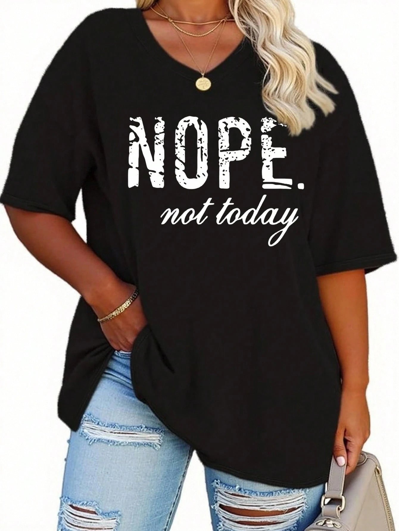 EMERY ROSE Large V-Neck Short Sleeved T-Shirt With Slogan Print, Suitable For Spring And Summer, Women's Clothing Graphic Tees Women Tops