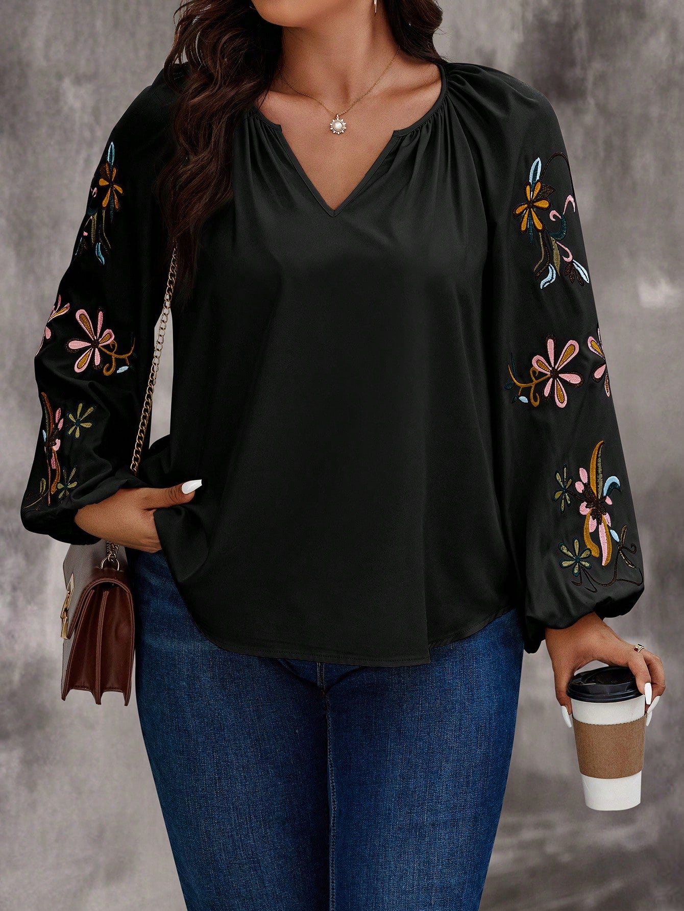 EMERY ROSE Plus Size Shirt With Floral Embroidery, Notched Neckline, And Lantern Sleeves Fall Cloth For Women