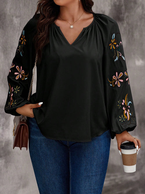 EMERY ROSE Plus Size Shirt With Floral Embroidery, Notched Neckline, And Lantern Sleeves Fall Cloth For Women